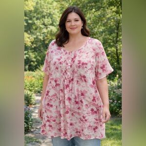 Woman Within 2X Floral Linen Cotton Tunic Blouse Pink Button Pintuck Plus Size